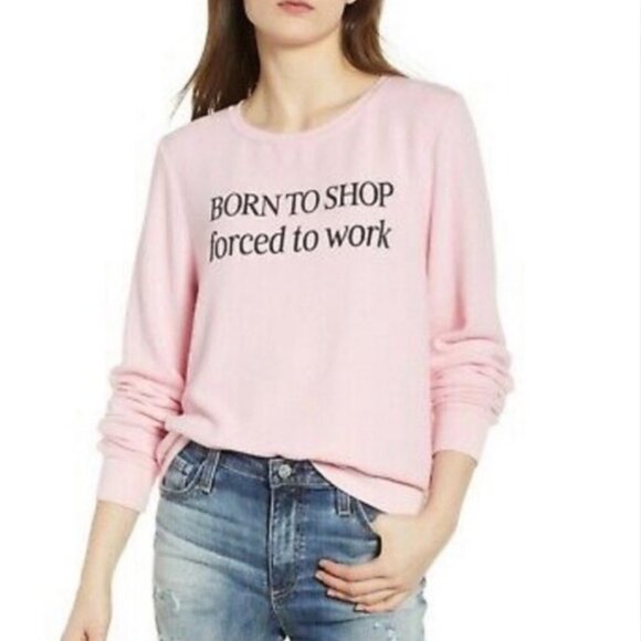 WILDFOX Baggy Beach Crewneck Jumper Sweatshirt "Born To Shop Forced To Work" - S - Picture 2 of 4